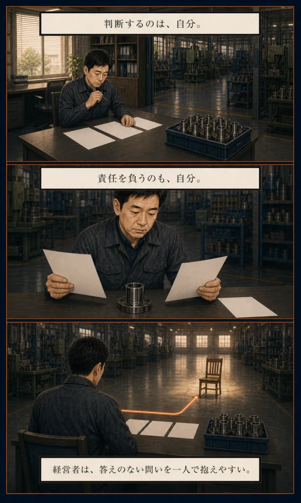 倉持賢一とものづくり支部のストーリー漫画 9 経営者が答えのない問いを一人で抱える場面