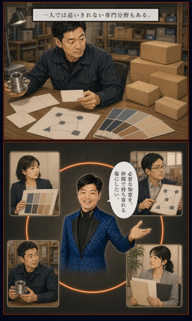 倉持賢一とものづくり支部のストーリー漫画 15 一人では追いきれない専門分野の知恵を仲間で持ち寄る