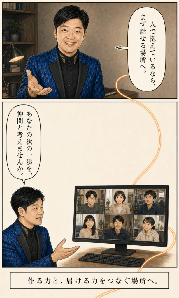 倉持賢一とものづくり支部のストーリー漫画 20 一人で抱えず仲間と次の一歩を考えるオンラインの場への招待